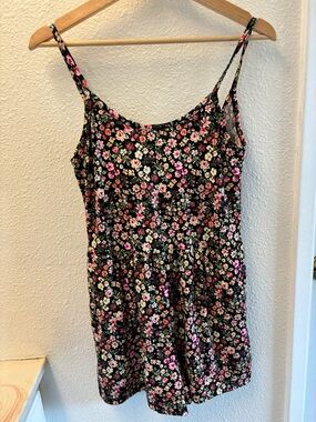 Floral Spaghetti Strap Romper - Black with Pink & Cream Flowers